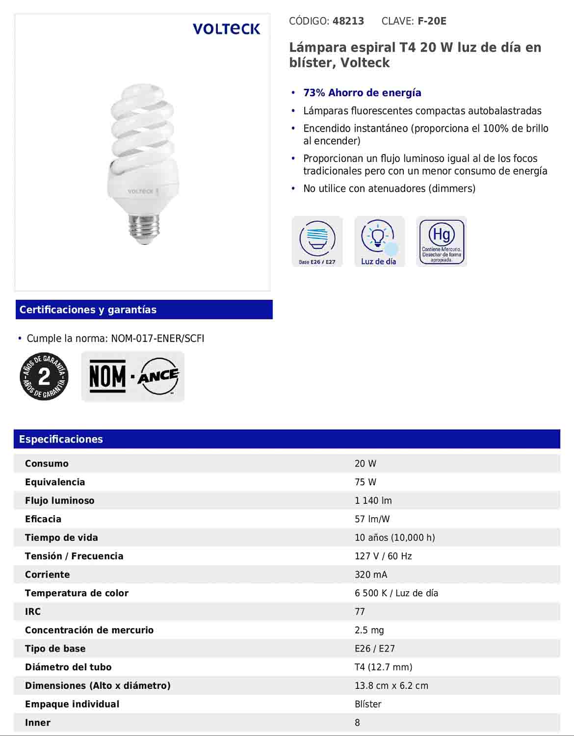 Lámpara espiral T4 de 20 W con luz de día