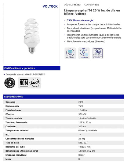 Lámpara espiral T4 de 20 W con luz de día