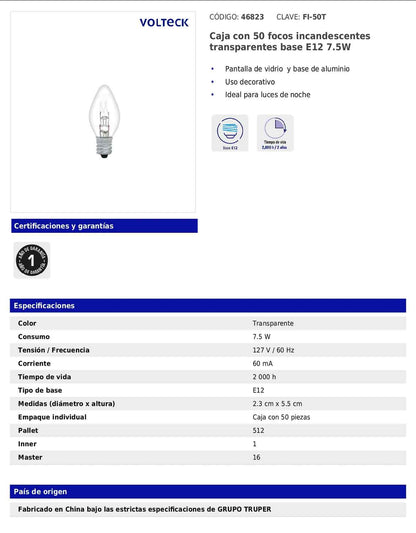 Foco incandescente transparente de 7.5 W con base E12