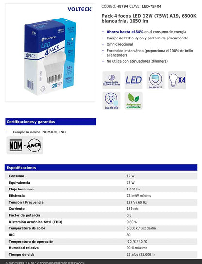 Pack de 4 focos LED 12W A19 6500K blanca fría 1050 lm