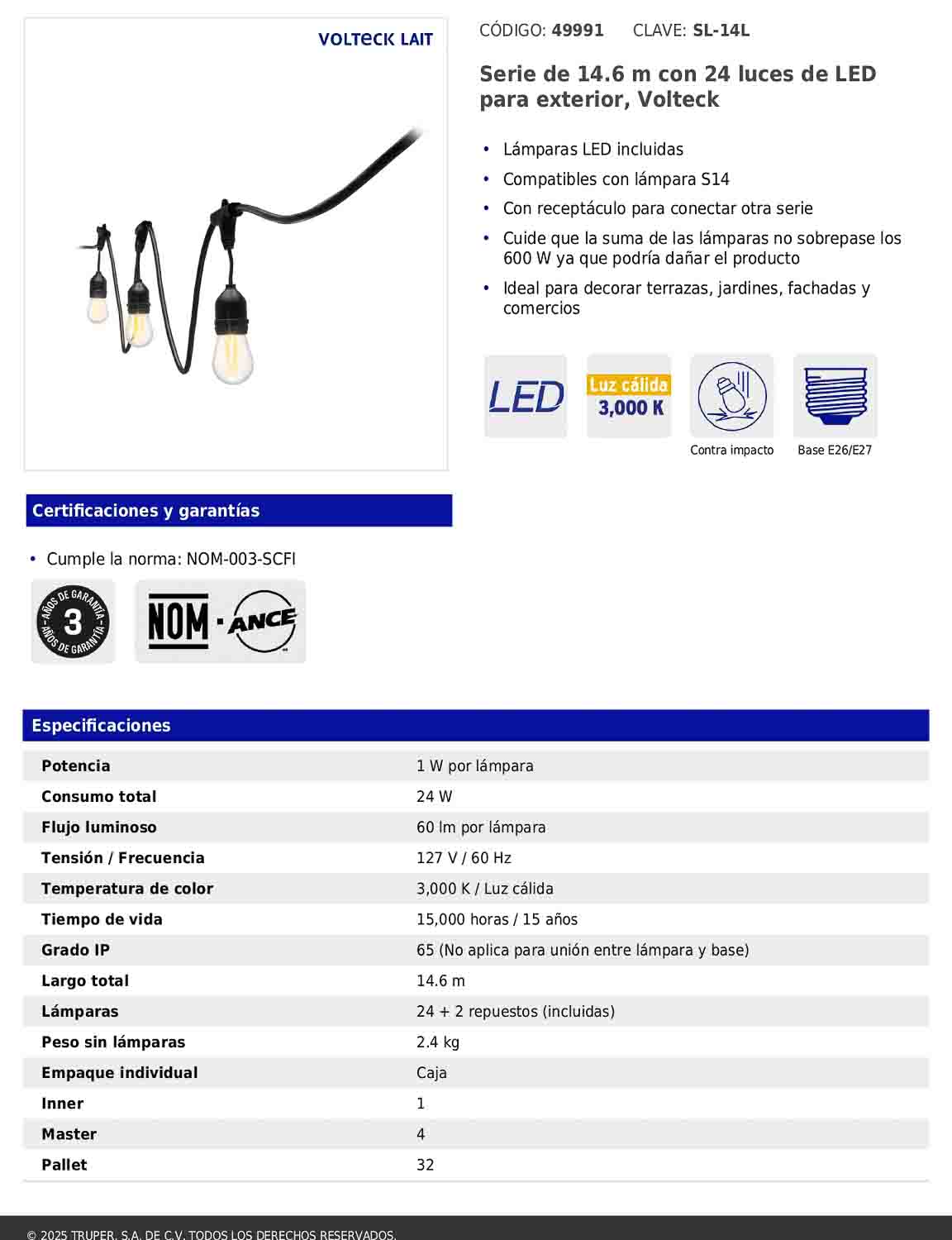 Serie de luces LED de 14.6 m con 24 lámparas para exterior