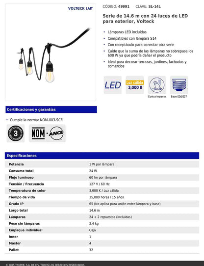 Serie de luces LED de 14.6 m con 24 lámparas para exterior