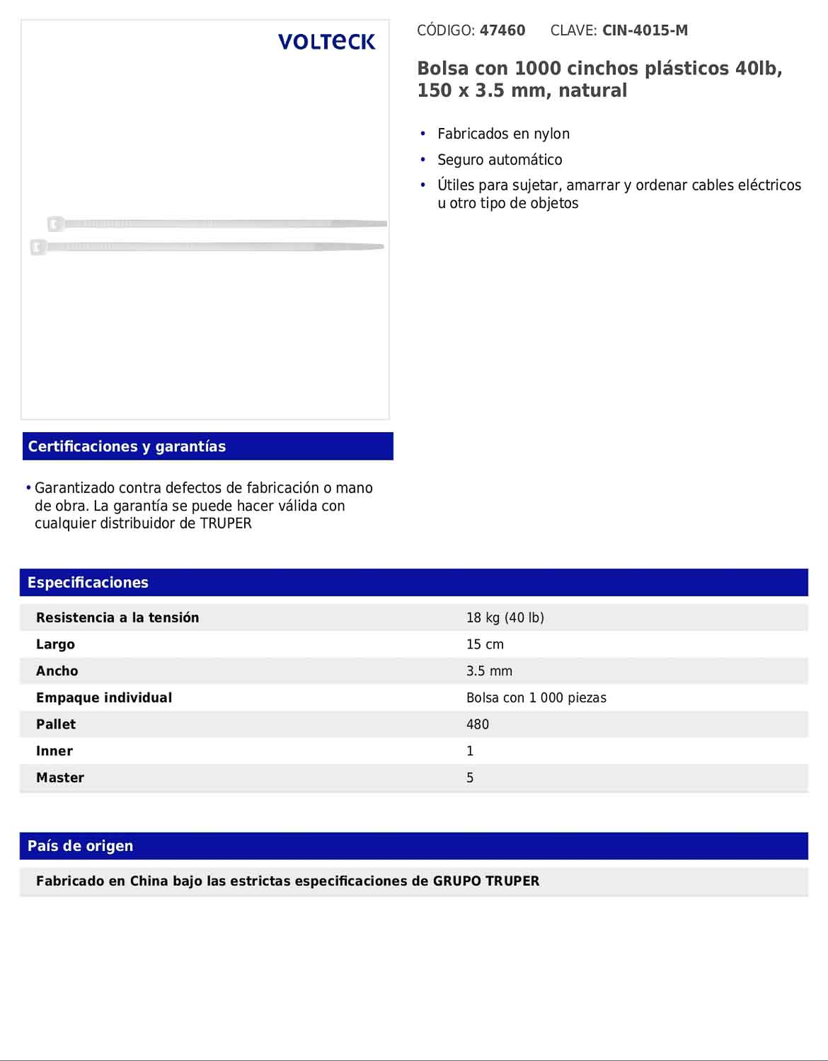 Bolsa con 1000 cinchos plásticos 40 lb 150 x 3.5 mm natural