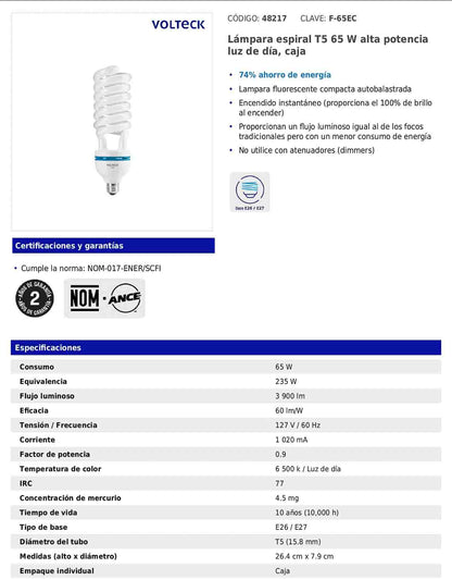 Lámpara espiral fluorescente T5 de 65 W de alta potencia luz de día