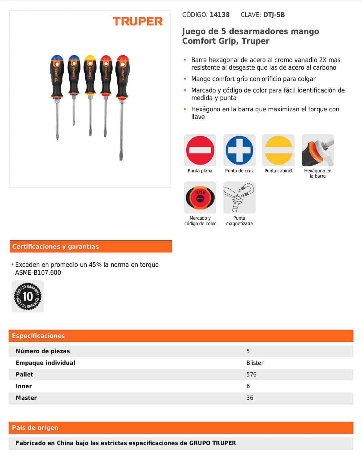 Juego de 5 desarmadores de mango comfort grip con barra hexagonal