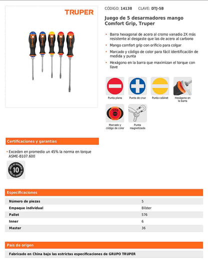 Juego de 5 desarmadores de mango comfort grip con barra hexagonal