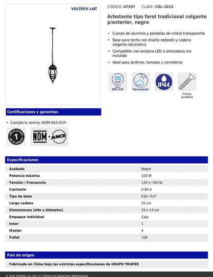 Arbotante tipo farol tradicional colgante para exterior