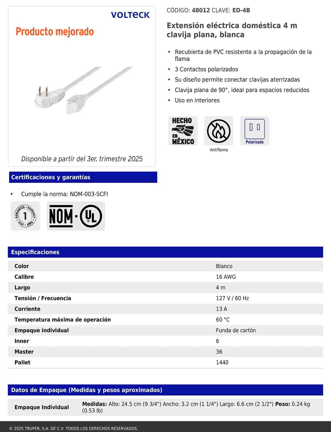 Extensión eléctrica doméstica de 4 m con clavija plana blanca