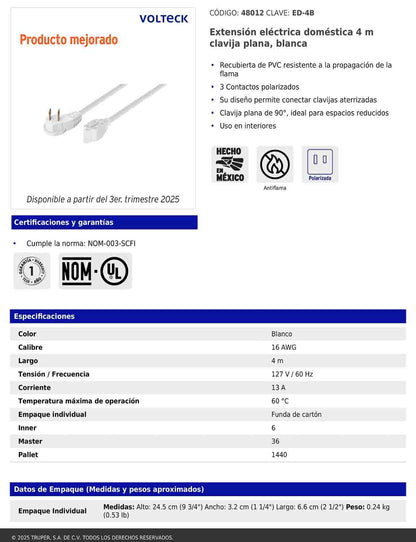 Extensión eléctrica doméstica de 4 m con clavija plana blanca