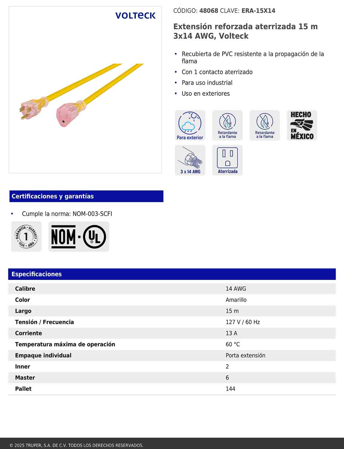 Extensión reforzada aterrizada 15 m 3x14 AWG