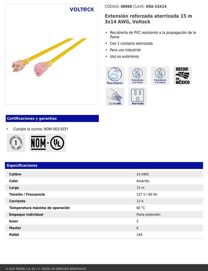 Extensión reforzada aterrizada 15 m 3x14 AWG
