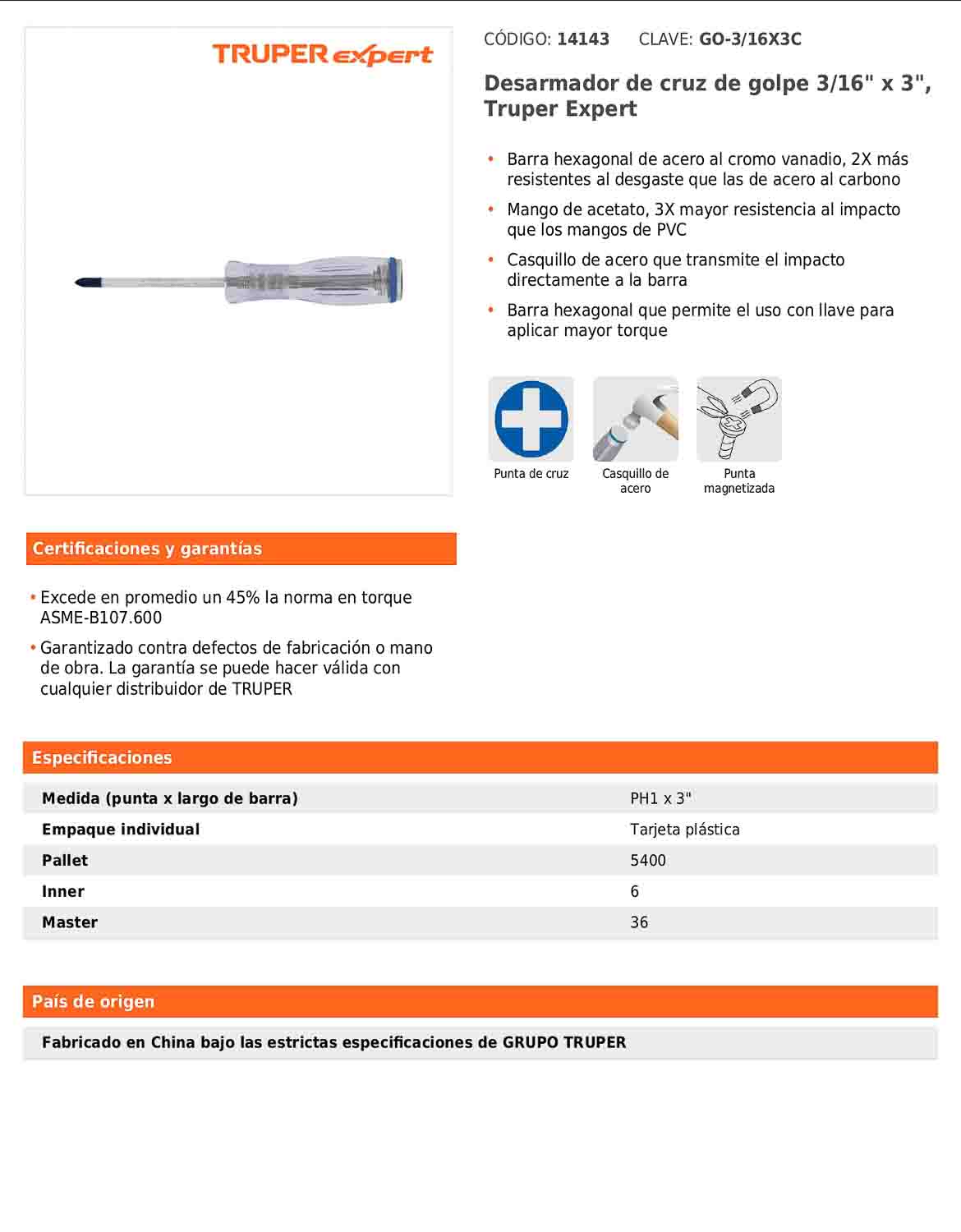 Desarmador de cruz de golpe de PH1 x 3 con barra hexagonal