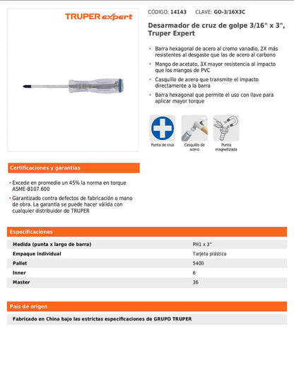 Desarmador de cruz de golpe de PH1 x 3 con barra hexagonal