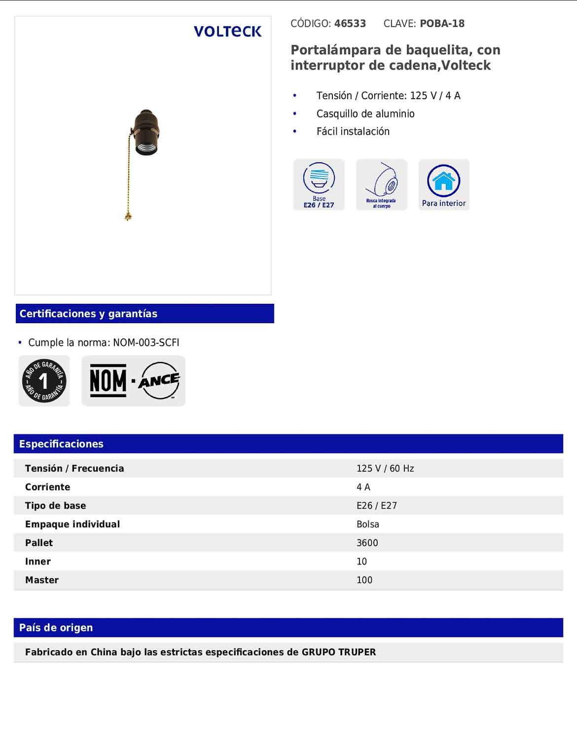Portalámpara de baquelita con interruptor de cadena y casquillo de aluminio
