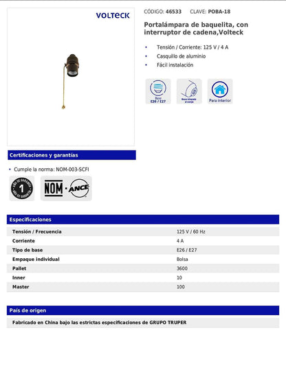 Portalámpara de baquelita con interruptor de cadena y casquillo de aluminio