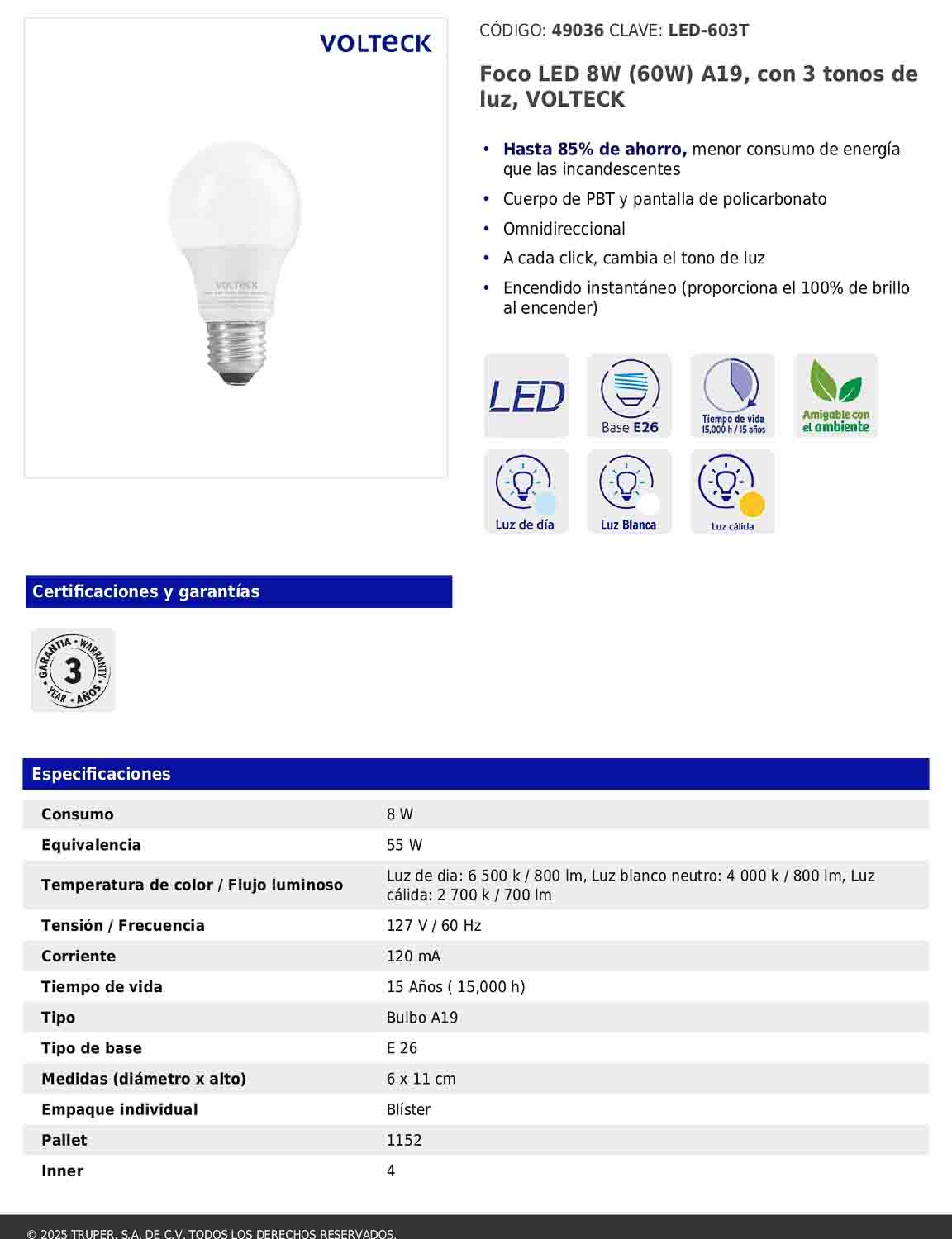 Foco LED 8W A19 con 3 tonos de luz 800 lm