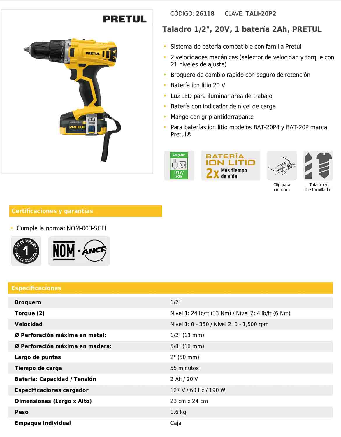 Taladro inalámbrico de 1/2 in con batería 20 V y dos velocidades
