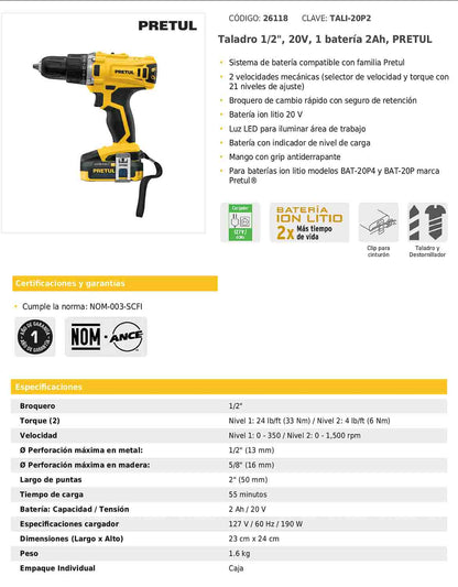 Taladro inalámbrico de 1/2 in con batería 20 V y dos velocidades