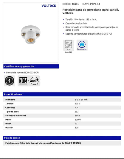 Portalámpara de porcelana para candil con base E12 y casquillo de aluminio