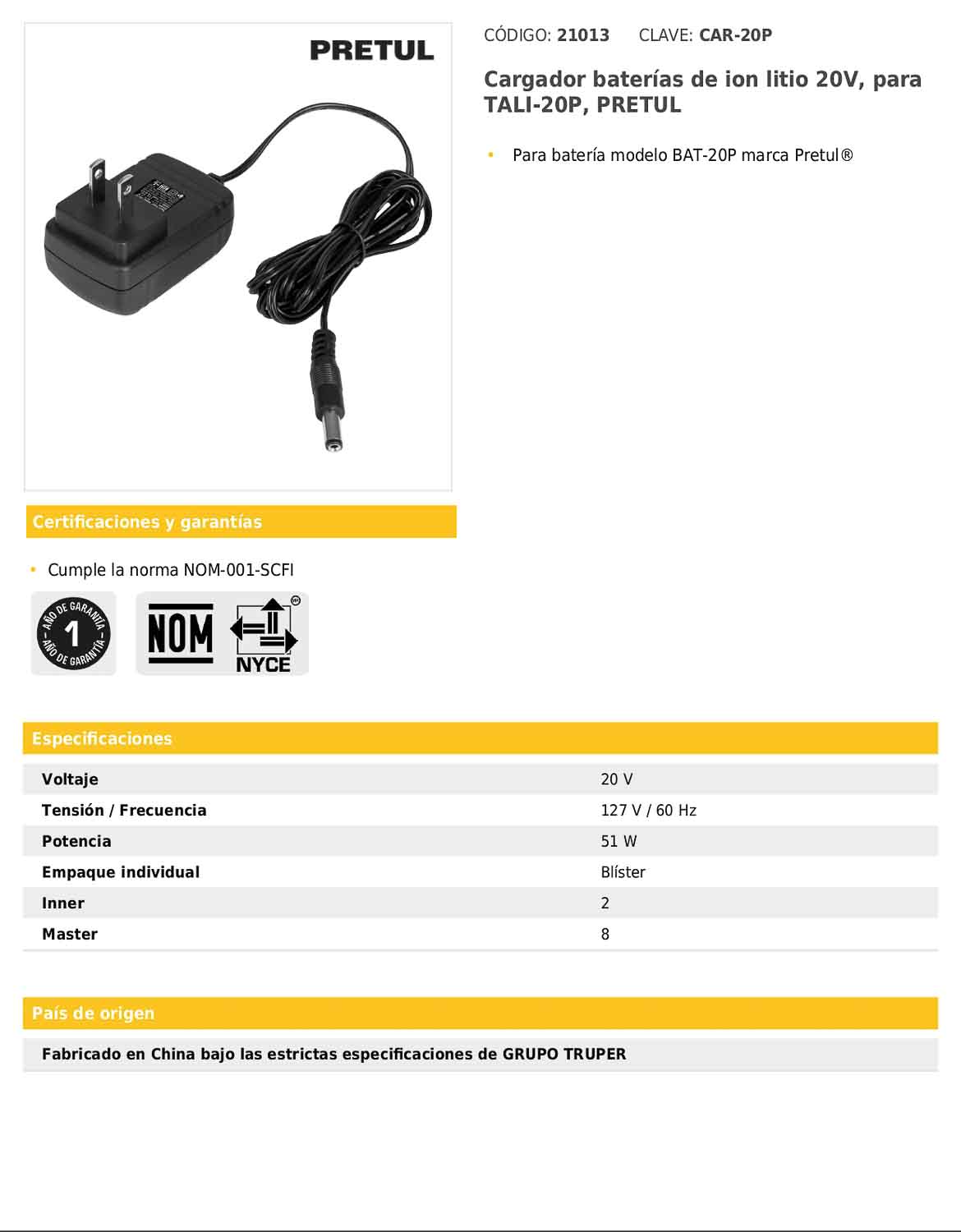 Cargador de baterías de ion litio de 20 V para TALI-20P