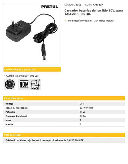 Cargador de baterías de ion litio de 20 V para TALI-20P