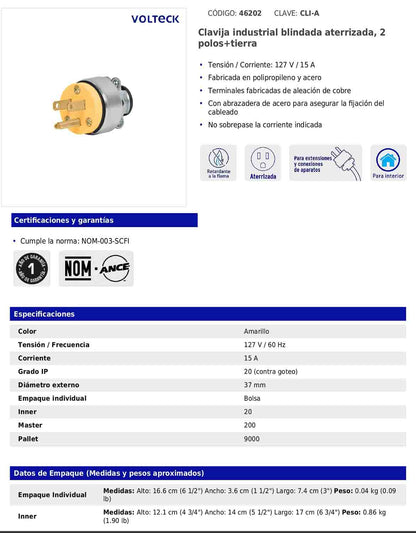 Clavija industrial blindada aterrizada de 127 V y 15 A con 2 polos + tierra