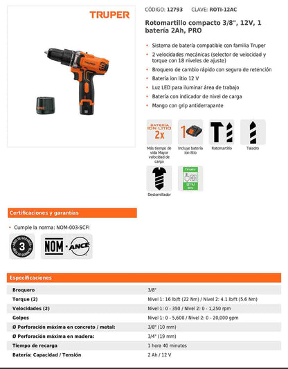 Rotomartillo compacto inalámbrico de 3/8 in con batería 12 V y dos velocidades