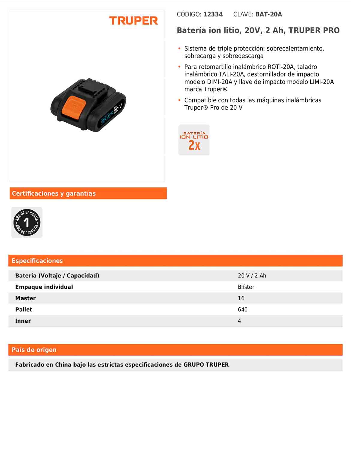 Batería de ion litio de 20 V con capacidad de 2 Ah