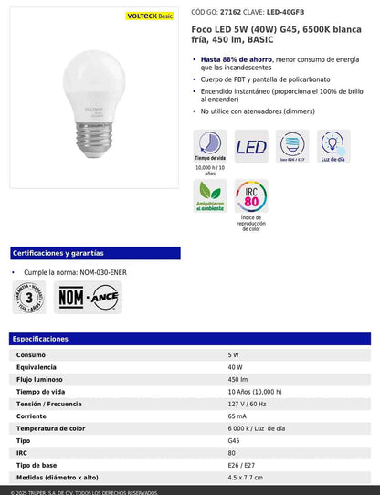Foco LED 5W G45 6500K blanca fría 450 lm BASIC