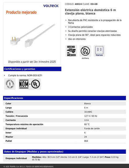 Extensión eléctrica doméstica de 6 m con clavija plana blanca