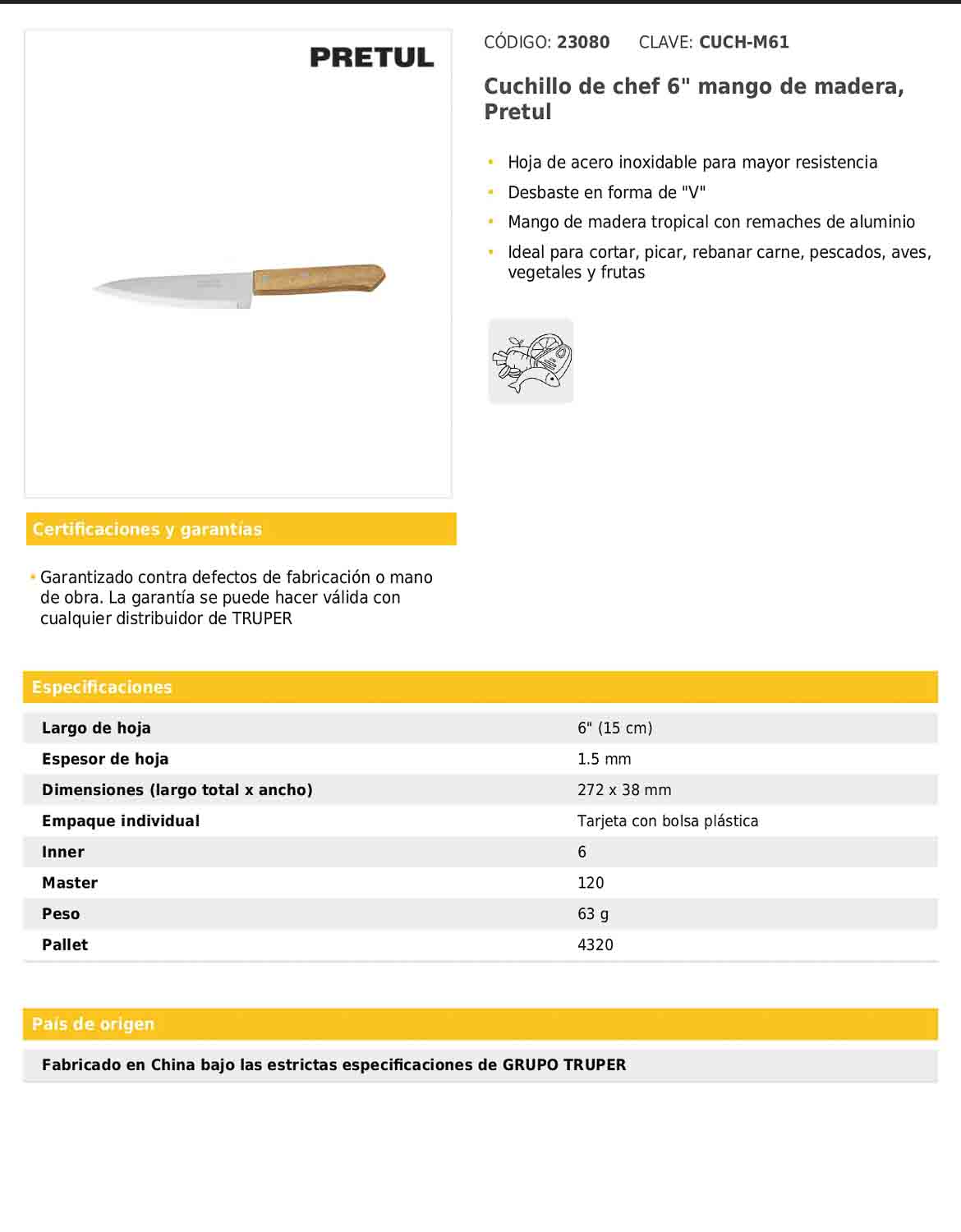 Cuchillo de chef de 6 pulgadas con mango de madera