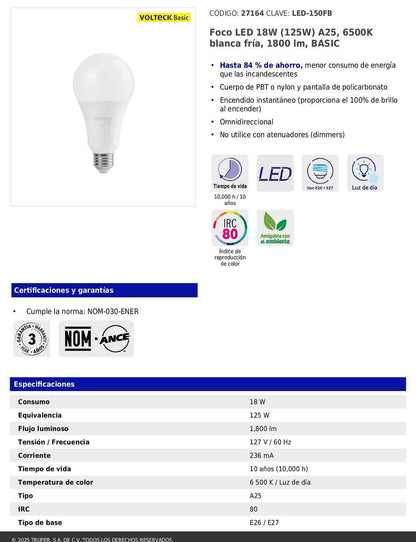 Foco LED 18W A25 6500K blanca fría 1800 lm BASIC