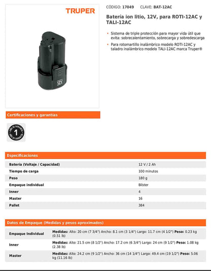 Batería de ion litio de 12 V con capacidad de 2 Ah