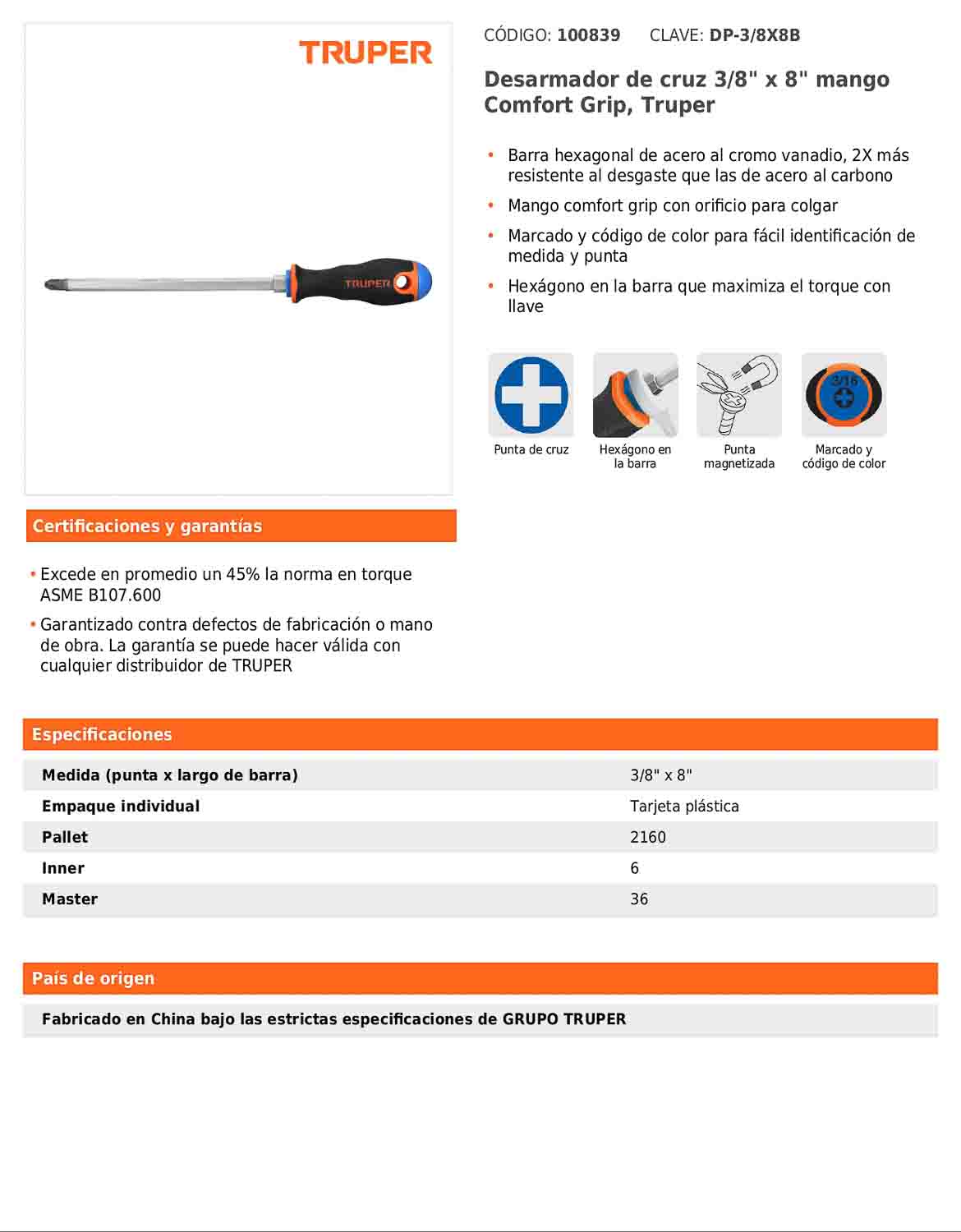Desarmador de cruz de 3/8 con barra de 20.32 cm y mango Comfort Grip