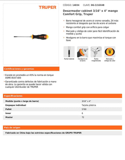 Desarmador cabinet de 3/16 con barra de 10.16 cm y mango Comfort Grip