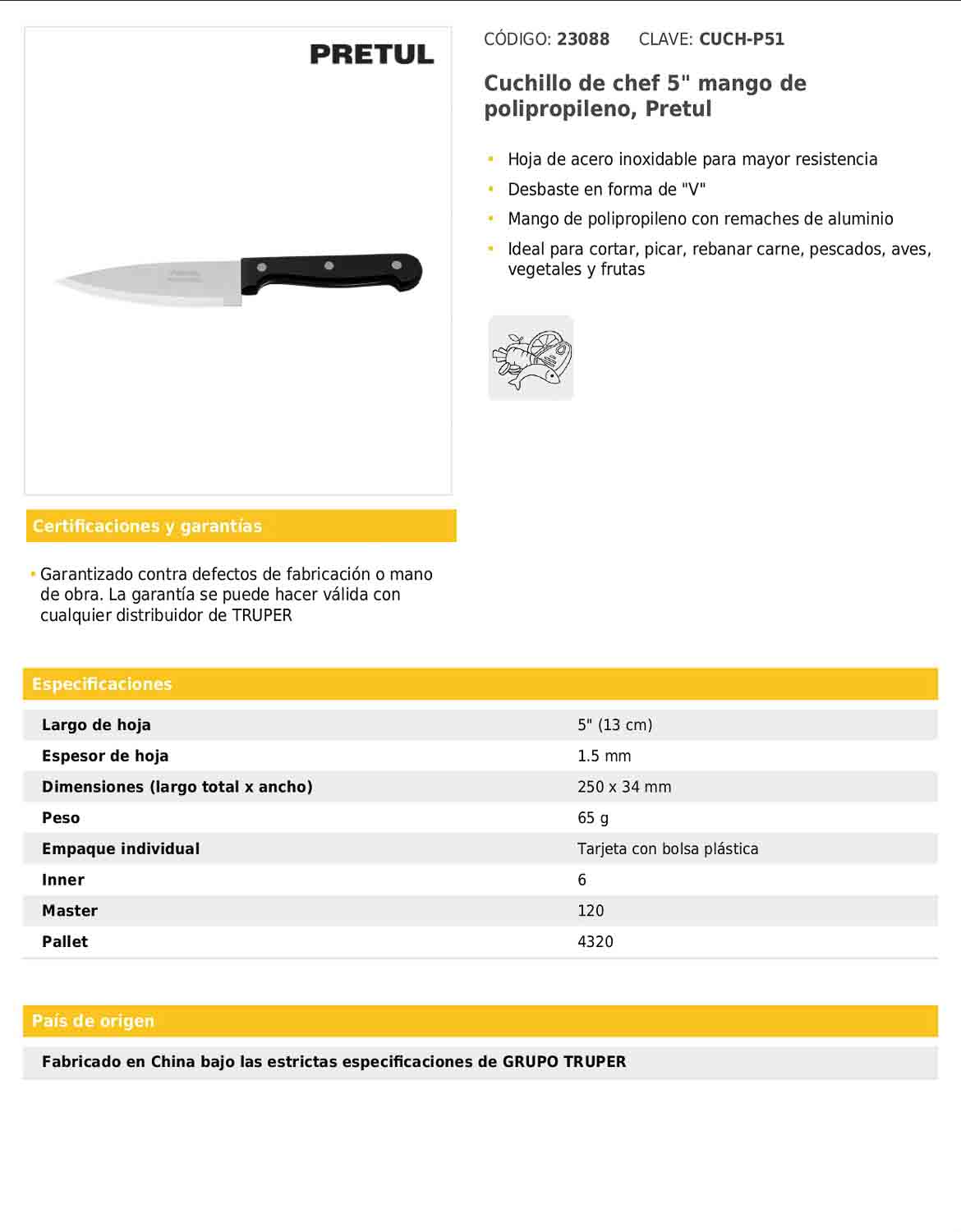 Cuchillo de chef de 5 pulgadas con mango de polipropileno