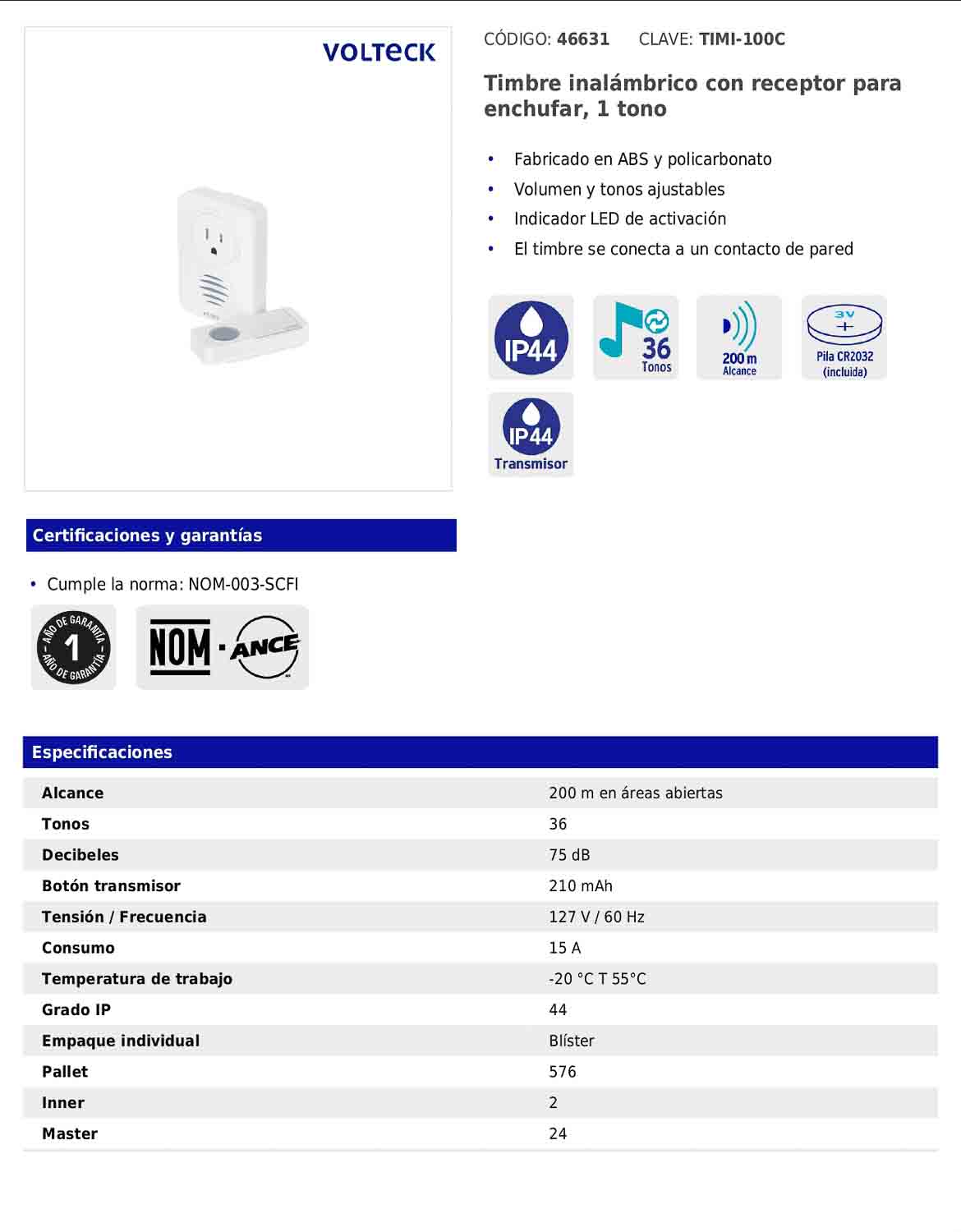 Timbre inalámbrico con receptor para enchufar de 127 V con volumen ajustable