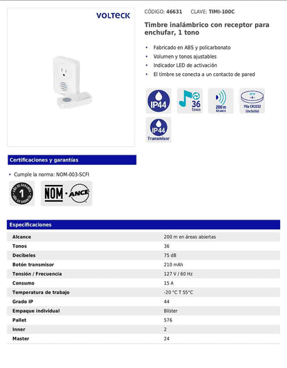 Timbre inalámbrico con receptor para enchufar de 127 V con volumen ajustable