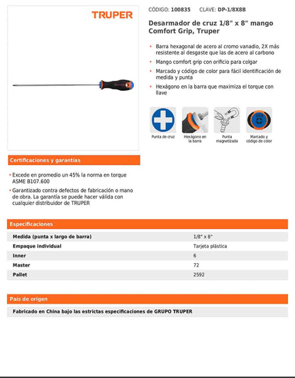 Desarmador de cruz de 1/8 con barra de 20.32 cm y mango Comfort Grip