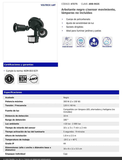 Arbotante negro con sensor de movimiento y doble cabezal dirigible