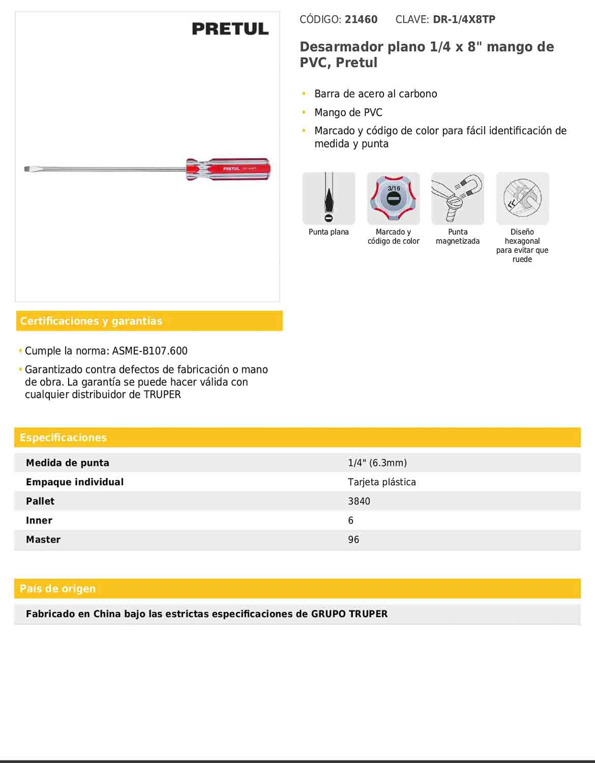 Desarmador plano de 1/4 x 8 con mango de PVC