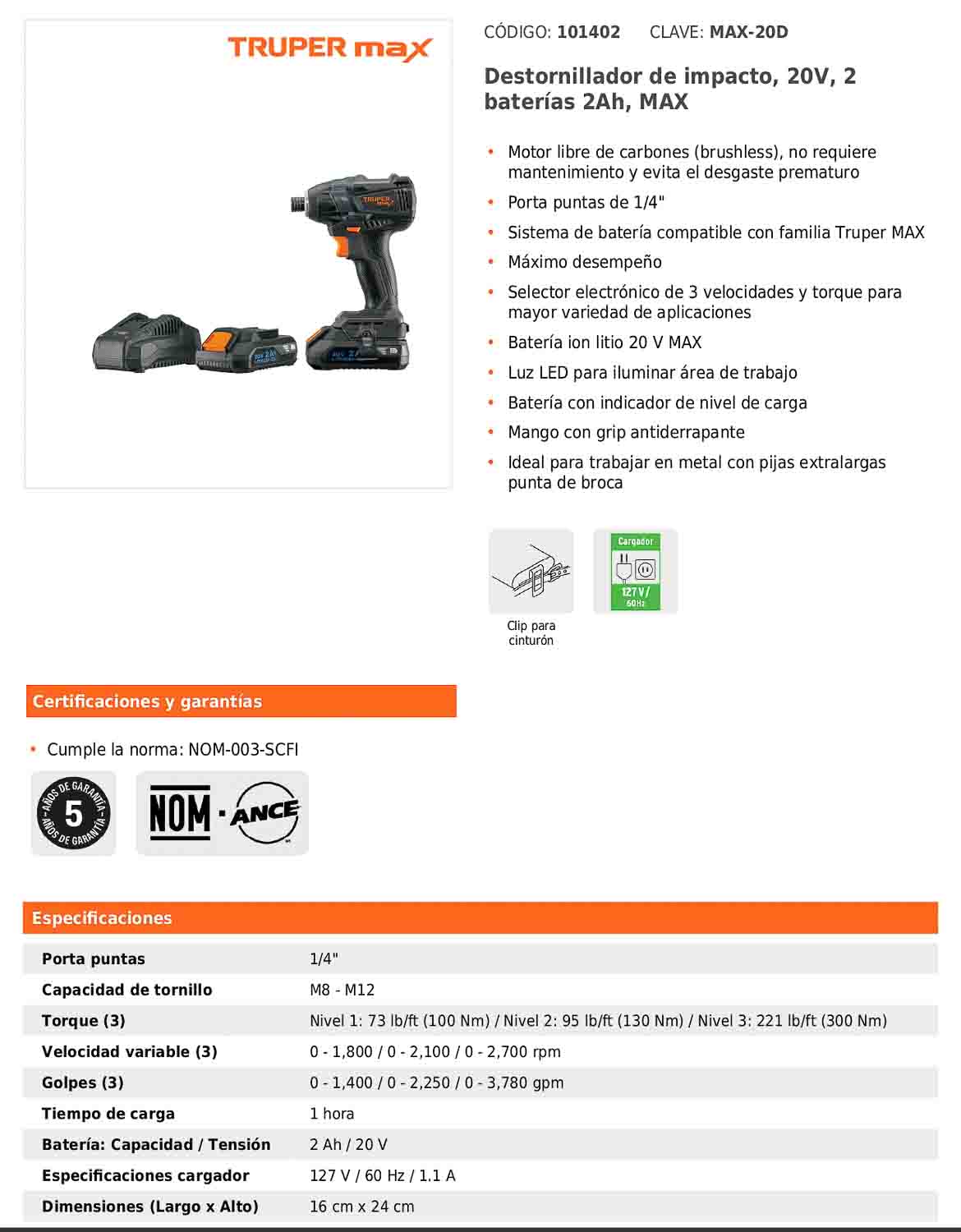 Destornillador de impacto inalámbrico con batería 20 V y tres velocidades