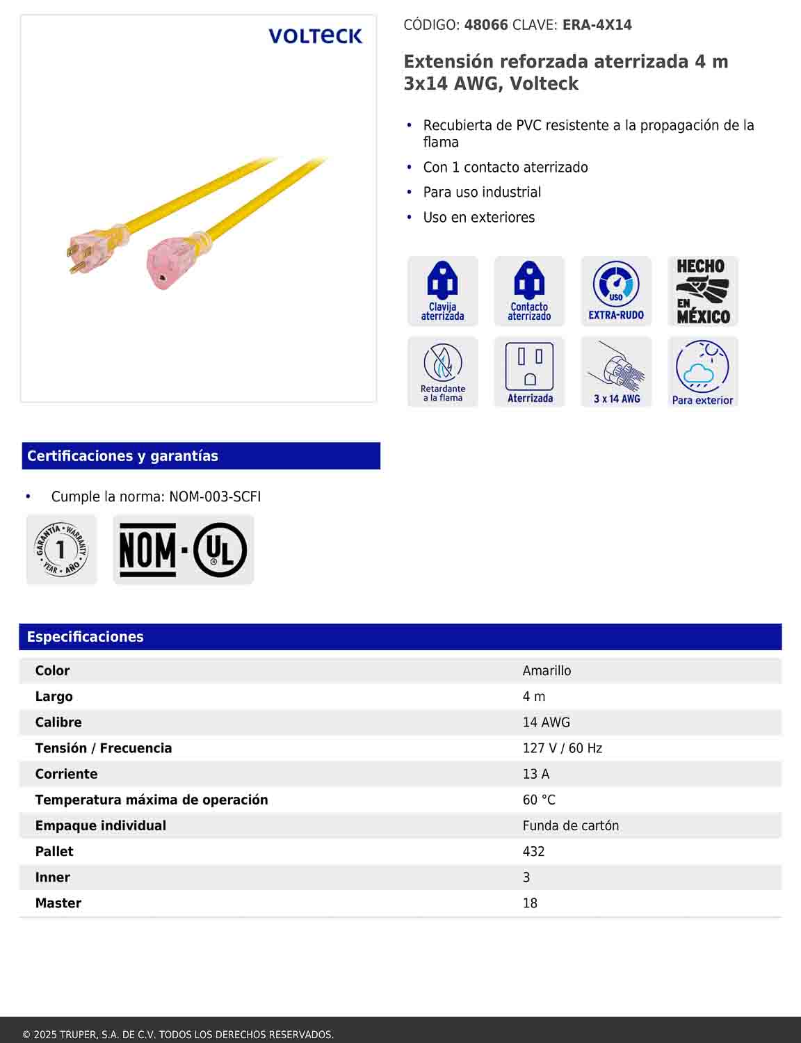 Extensión reforzada aterrizada 4 m 3x14 AWG