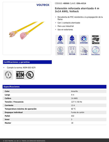Extensión reforzada aterrizada 4 m 3x14 AWG