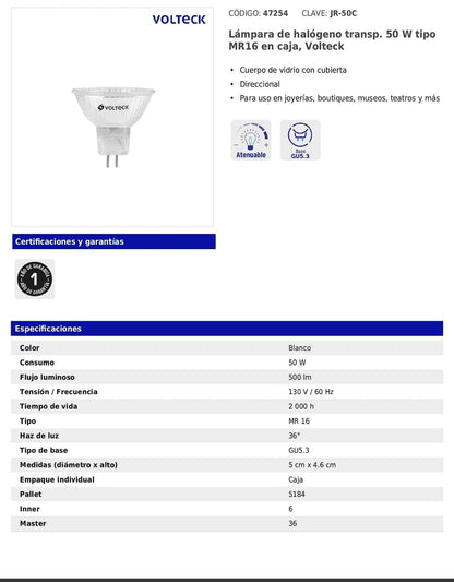 Lámpara halógena MR16 de 50 W con luz cálida