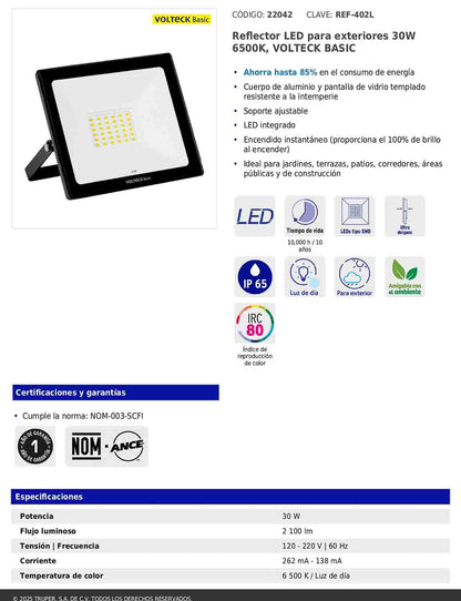 Reflector LED para exteriores de 30 W con temperatura de color 6 500 K