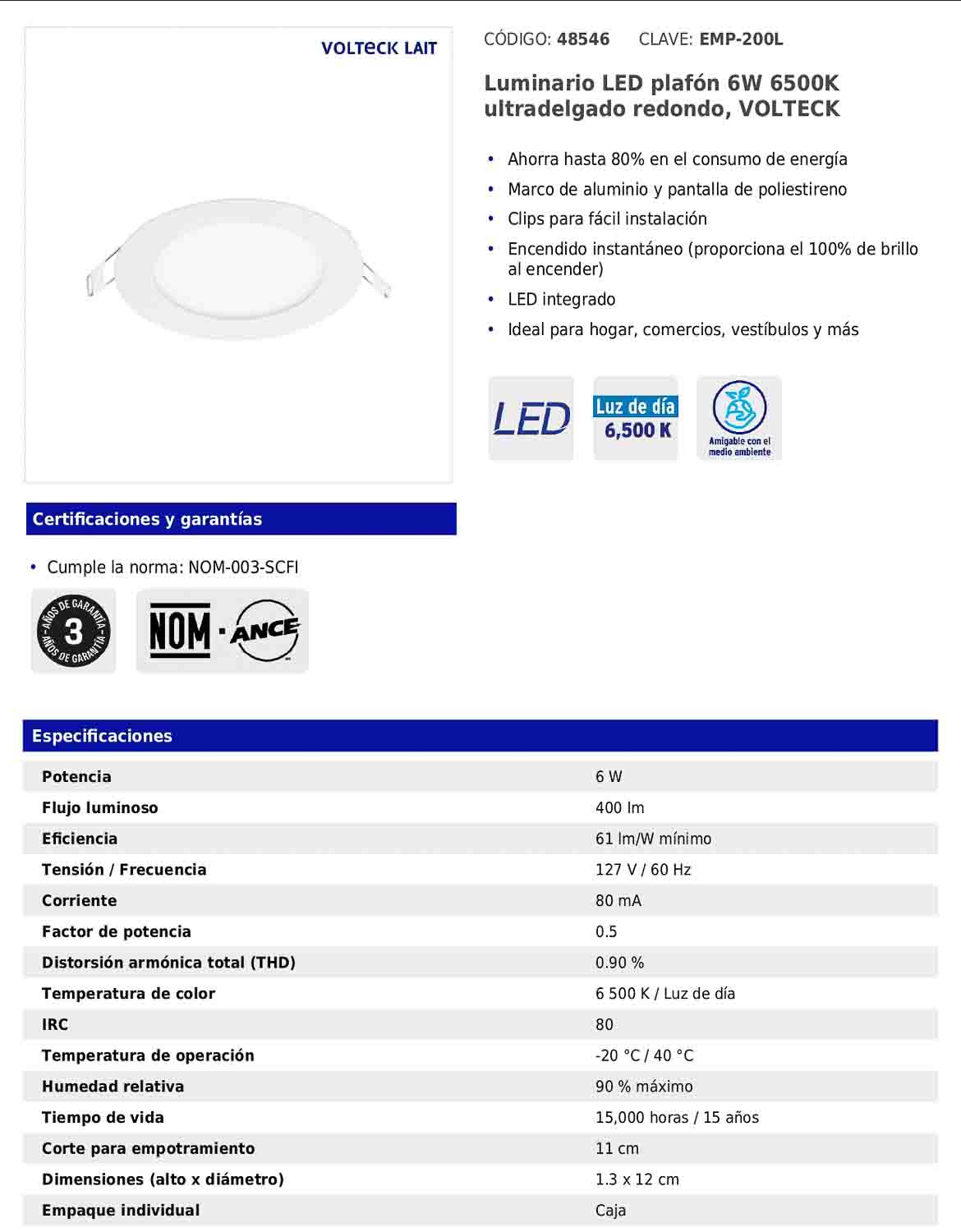 Luminario LED plafón de 6 W con luz de día ultradelgado redondo