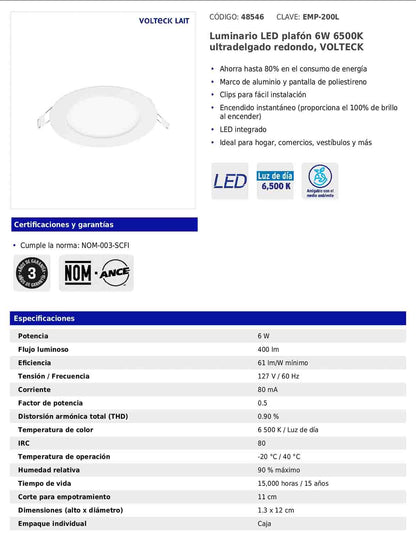 Luminario LED plafón de 6 W con luz de día ultradelgado redondo
