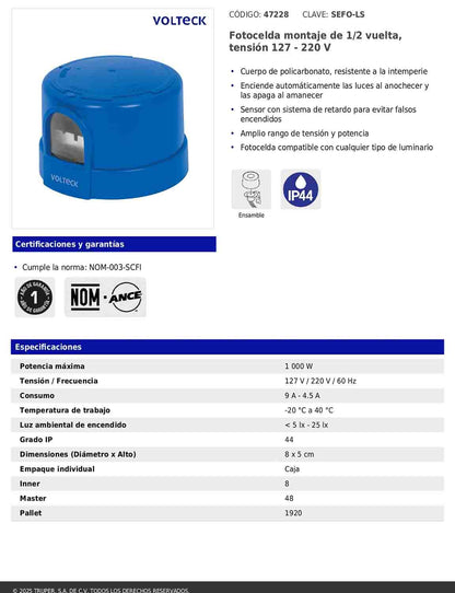 Fotocelda de montaje de 1/2 vuelta con tensión de 127 – 220 V