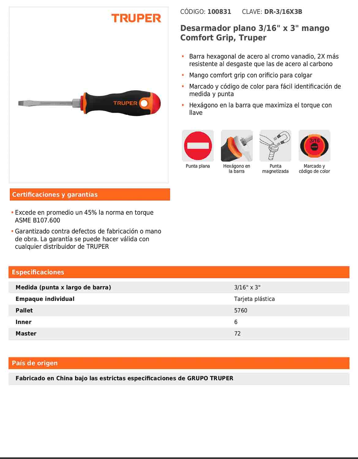 Desarmador plano de 3/16 con barra de 7.6 cm y mango Comfort Grip